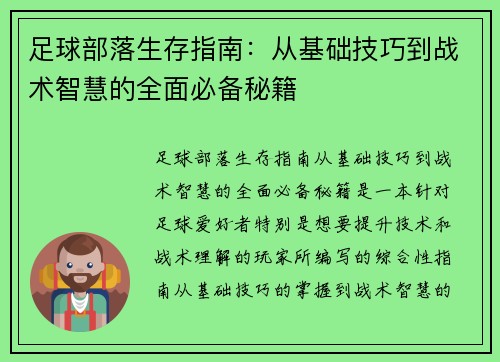足球部落生存指南：从基础技巧到战术智慧的全面必备秘籍